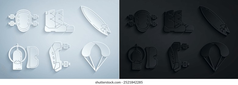 Set Knee pads, Surfboard, Diving mask and aqualung, Parachute, Boots and  icon. Vector
