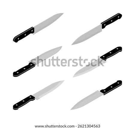 Set of knife. 3D isometric illustration. Kitchen utensil or kitchenware. Isolated vector for banner, poster, presentation, infographic, website, apps, and other uses.