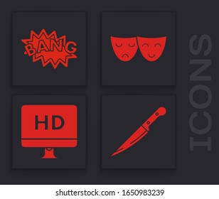 Set Knife , Bang Boom Text-Sprechblase Ballon , Comedy und Tragödie Theater-Masken und Computer PC-Monitor mit HD-Video-Technologie Symbol. Vektorillustration