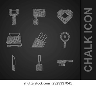 Set Knife, Barbecue spatula, Frying pan, Toaster, Chef hat and Vegetable peeler icon. Vector