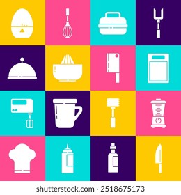 Set Knife, Blender, Cutting board, Cooking pot, Citrus fruit juicer, Covered with tray, Kitchen timer and Meat chopper icon. Vector