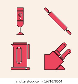 Set Knife, Blender, Rolling pin and Kettle with handle icon. Vector