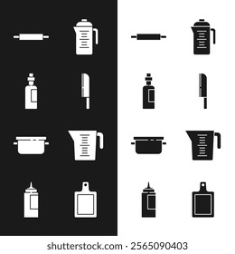 Set Knife, Bottle of olive oil, Rolling pin, Teapot, Cooking, Measuring cup, Cutting board and Sauce bottle icon. Vector