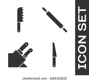 Set Knife, Bread knife, Knife and Rolling pin icon. Vector