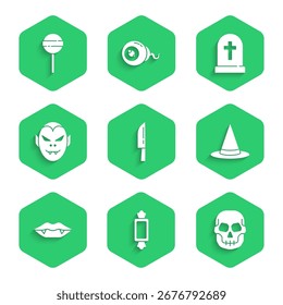 Set Knife, Candy, Skull, Witch hat, Vampire teeth, Tombstone with cross and Lollipop icon. Vector