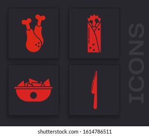 Set Knife, Chicken leg, Doner kebab and Nachos in plate icon. Vector