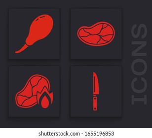 Set Knife, Chicken leg, Steak meat and Grilled steak meat and fire flame icon. Vector