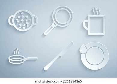 Set Knife, Coffee cup, Frying pan, Washing dishes,  and Cooking soup pot icon. Vector
