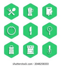 Set Knife, Coffee machine, Pizza knife, Frying pan, Grater, Cutting board, and meat chopper and Crossed fork spoon icon. Vector