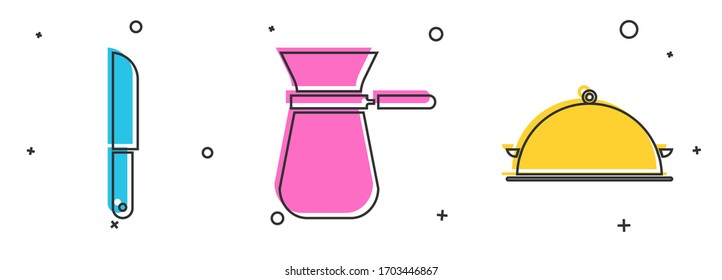 Set Knife, Coffee turk and Covered with a tray of food icon. Vector