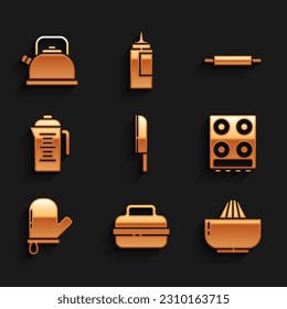 Set Knife, Cooking pot, Citrus fruit juicer, Gas stove, Oven glove, Teapot, Rolling pin and Kettle with handle icon. Vector