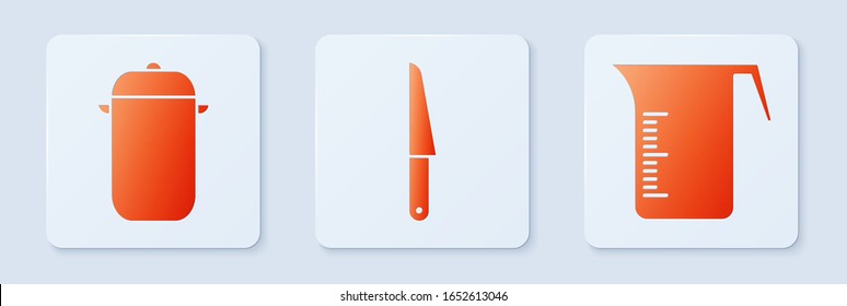 Set Knife, Cooking pot and Measuring cup. White square button. Vector