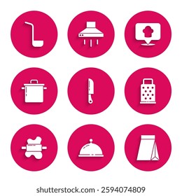 Set Knife, Covered with tray of food, Bag coffee beans, Grater, Rolling pin on dough, Cooking pot, Chef hat location and Kitchen ladle icon. Vector