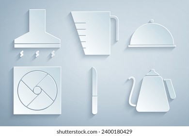 Set Knife, Covered with tray, Ventilation, Kettle handle, Measuring cup and Kitchen extractor fan icon. Vector
