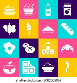 Set Knife, Croissant, French baguette bread, Bottle with milk, Ice cream, Rolling pin on dough, Piece of cake and Homemade pie icon. Vector