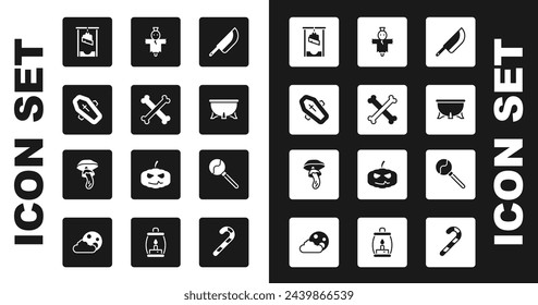 Set Knife, Crossed bones, Coffin with cross, Guillotine, Halloween witch cauldron, Scarecrow, Lollipop and Psilocybin mushroom icon. Vector