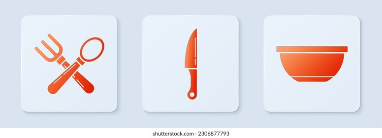 Set Knife , Crossed fork and spoon  and Bowl . White square button. Vector