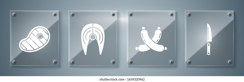 Embutidos, salchichas cruzadas, filete de pescado y carne de filete. Paneles de vidrio cuadrado. Vector