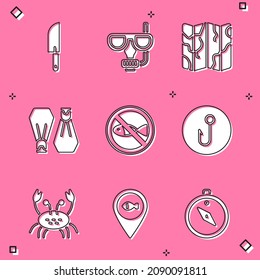 Juego de Cuchillas, Máscara de buceo y tubo, Mapa doblado, Aletas de goma para nadar, No pesca, Cojín de pesca, Cangrejo y Icono de Localización. Vector