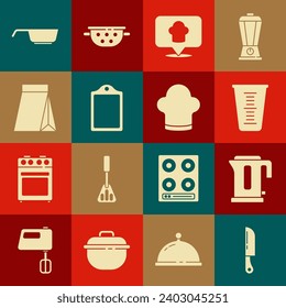 Set Knife, Electric kettle, Measuring cup, Chef hat with location, Cutting board, Bag of coffee beans, Frying pan and  icon. Vector
