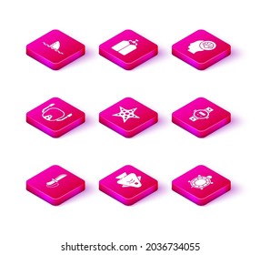 Set Knife, Fish, Diving mask, Starfish, Turtle, watch, Scallop sea shell and Aqualung icon. Vector