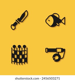Set Knife, Fishing rod, net pattern and  icon with long shadow. Vector