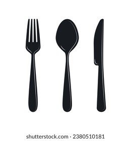 Set of knife, fork and spoon. Monochrome vector illustration