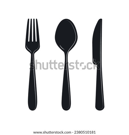 Set of knife, fork and spoon. Monochrome vector illustration