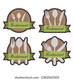 Set of Knife, fork, spoon on plate for restaurant menu card logo. Vector illustration