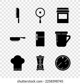 Set Knife, Frying pan, Jam jar, Chef hat, Blender, Cutting board,  and Refrigerator icon. Vector