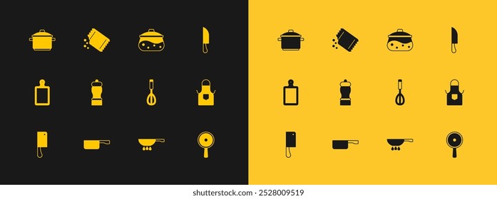 Set Knife, Frying pan, Kitchen whisk, on fire, Pepper, Cooking pot,  and Packet of pepper icon. Vector