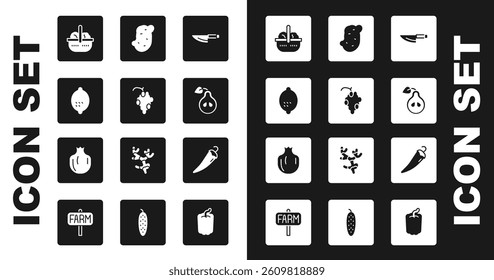 Set Knife, Grape fruit, Lemon, Basket and food, Pear, Potato, Hot chili pepper and Pomegranate icon. Vector