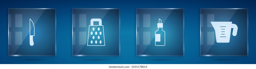 Set Knife, Grater, Bottle of olive oil and Measuring cup. Square glass panels. Vector