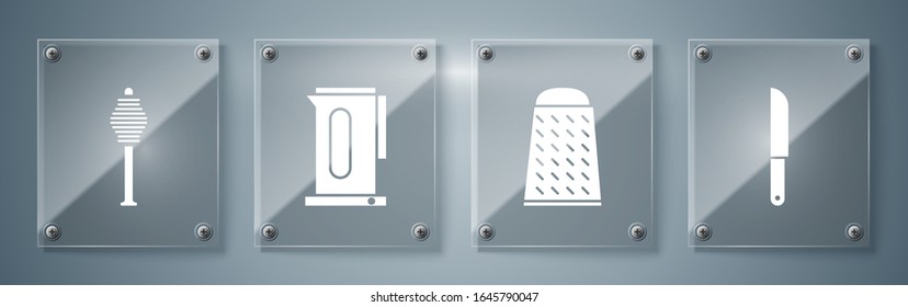 Set Knife, Grater, Kettle with handle and Honey dipper stick. Square glass panels. Vector