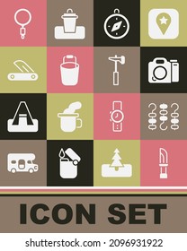 Set Knife, Grilled shish kebab on skewer, Photo camera, Compass, Bucket, Swiss army knife, Magnifying glass and Hammer icon. Vector