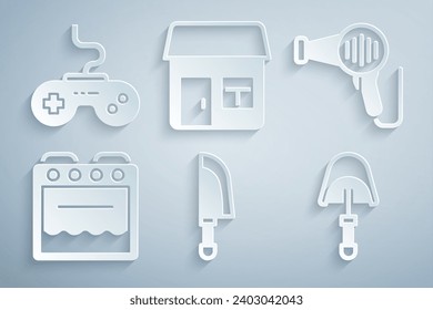 Set Knife, Hair dryer, Oven, Spatula, House and Gamepad icon. Vector