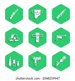 Set Knife holster, UZI submachine gun, Anti-tank hand grenade, Mauser, Bullet, Collimator sight, Military knife and Hunting icon. Vector