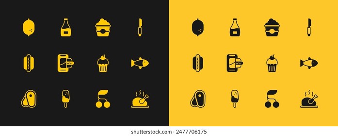 Set Knife, Ice cream, Muffin, Fresh berries, Food ordering on mobile, Popcorn cardboard box, Lemon and Sauce bottle icon. Vector