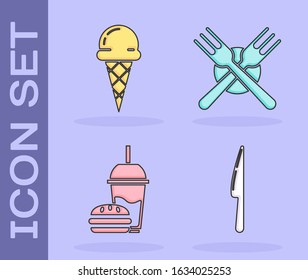 Set Knife, Ice cream in waffle cone, Paper glass with drinking straw and burger and Crossed fork icon. Vector