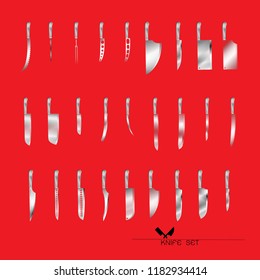 set of knife icon for butcher shop on red background. Meat cutting knives, Cutlery icon set vector realistic kitchen knives isolated, Vector illustration. 