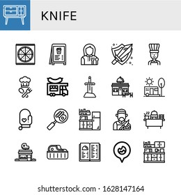 Set of knife icons. Such as Buffet, Pizza, Menu, Lunchroom, Sword, Chef, Cook, Food truck, Restaurant, Camping, Oven mitt, Kitchen, Butcher, Butcher shop, Steak , knife icons