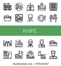 Set of knife icons. Such as Food truck, Buffet, Steak, Salt and pepper, Cook, Restaurant, Soup, Cutting mat, Coffee table, Dinner table, Kitchen, Camping, Ax, Waiter , knife icons