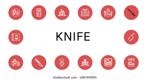 Set of knife icons such as Steak, Menu, Butcher shop, Restaurant, Katana, Food truck, Scalpel, Cook, Pizza shop, Soup, Cleaver 