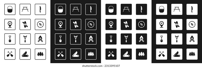 Set Knife, Kayak or canoe, Compass, Camping pot, Picnic table with benches, Campfire and Shovel icon. Vector