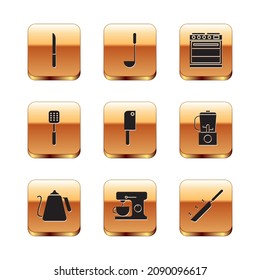 Fijar Cuchilla, Hervidor con mango, Mezclador eléctrico, Cuchillo de carne, Espatula, Horno, Cubeta de fritura y icono de la cocina. Vector