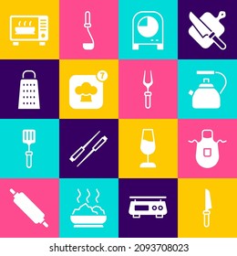Set Knife, Kitchen apron, Kettle with handle, timer, Chef hat, Grater, Microwave oven and Barbecue fork icon. Vector