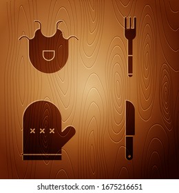 Set Knife, Kitchen apron, Oven glove and Fork on wooden background. Vector