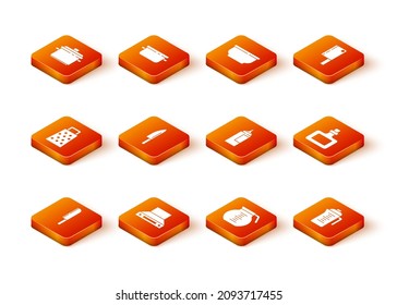 Set Knife, Kitchen extractor fan, Grater, Coffee pot, Sauce bottle, Teapot and  icon. Vector