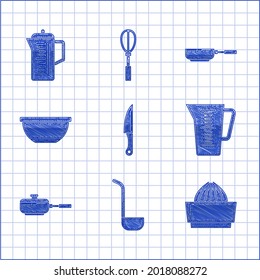 Set Knife, Kitchen ladle, Citrus fruit juicer, Measuring cup, Frying pan, Bowl, and Teapot icon. Vector