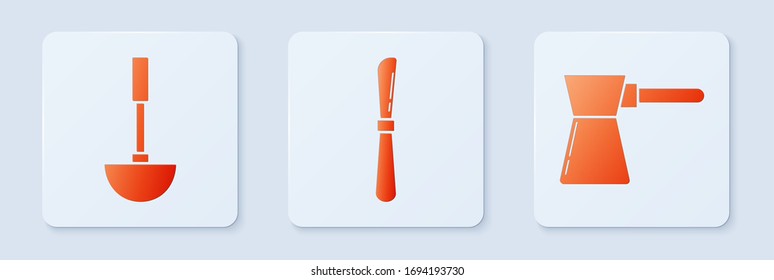 Set Knife , Kitchen ladle  and Coffee turk . White square button. Vector